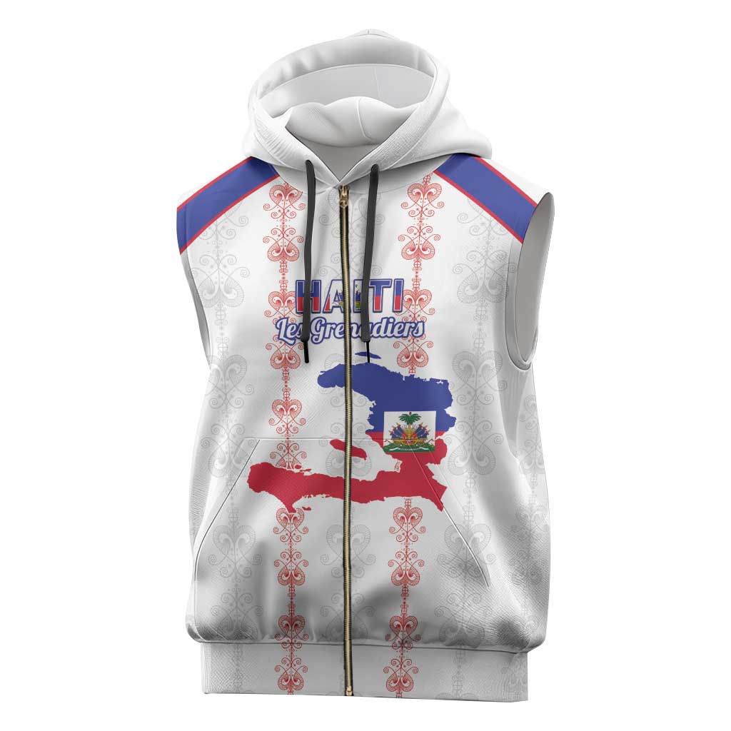Custom Haiti Football Sleeveless Zip Hoodie Les Grenadiers Veve Vodou White - African Pride