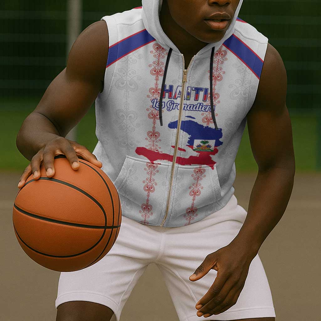 Custom Haiti Football Sleeveless Zip Hoodie Les Grenadiers Veve Vodou White - African Pride