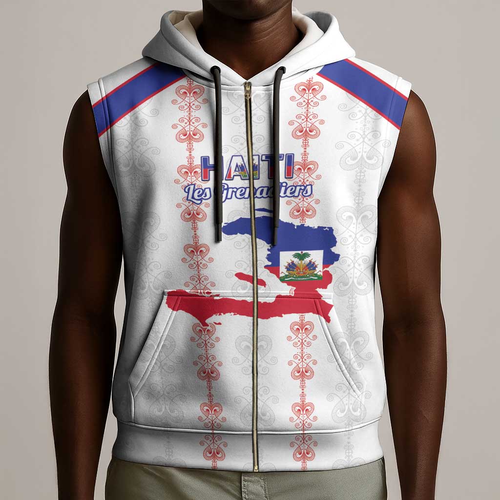 Custom Haiti Football Sleeveless Zip Hoodie Les Grenadiers Veve Vodou White - African Pride
