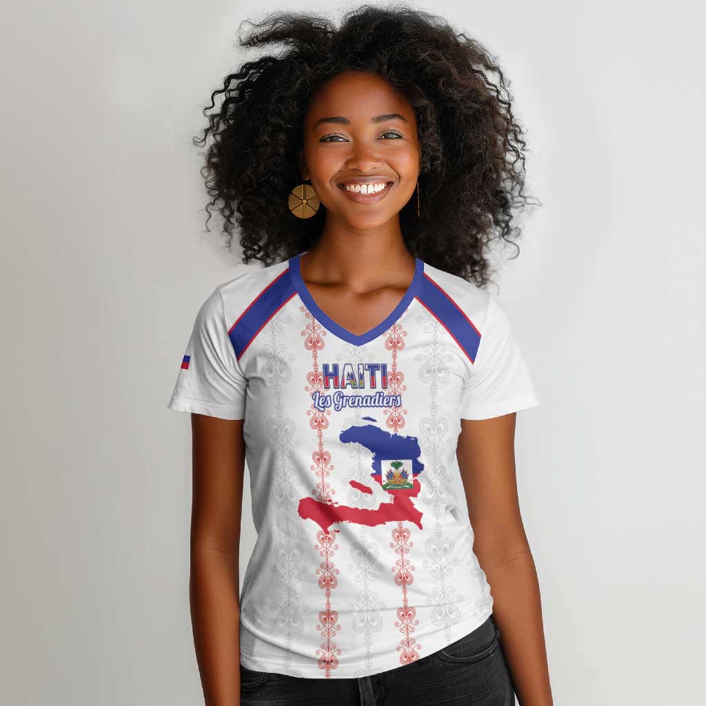 Custom Haiti Football Women V-Neck T-Shirt Les Grenadiers Veve Vodou White - African Pride
