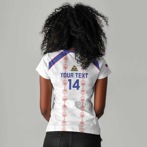 Custom Haiti Football Women V-Neck T-Shirt Les Grenadiers Veve Vodou White - African Pride