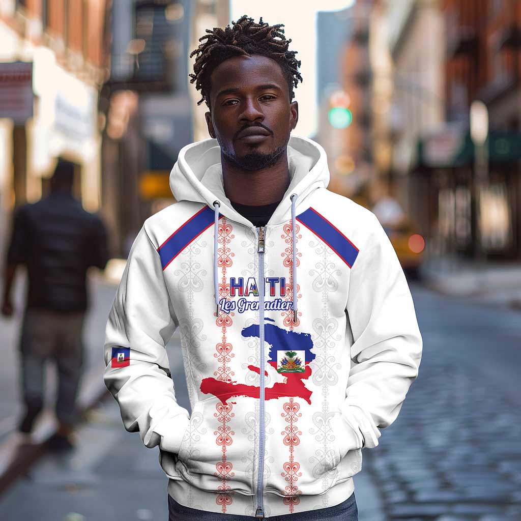 Custom Haiti Football Zip Hoodie Les Grenadiers Veve Vodou White - African Pride