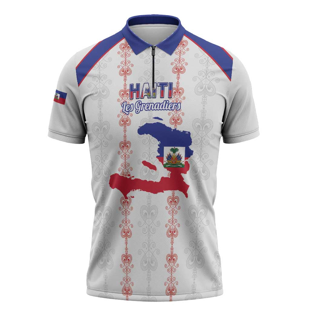 Custom Haiti Football Zipper Polo Shirt Les Grenadiers Veve Vodou White