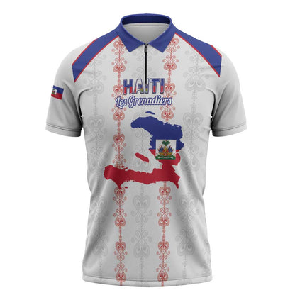 Custom Haiti Football Zipper Polo Shirt Les Grenadiers Veve Vodou White