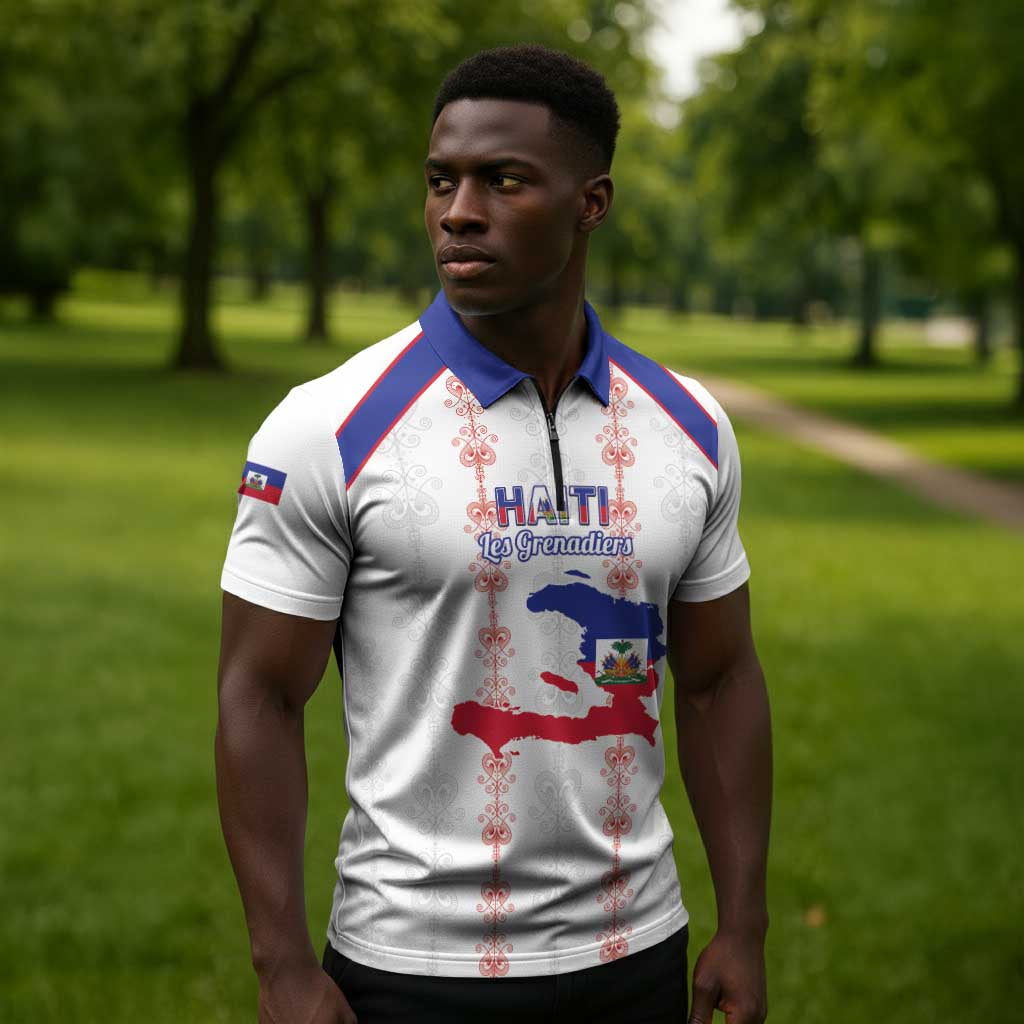 Custom Haiti Football Zipper Polo Shirt Les Grenadiers Veve Vodou White