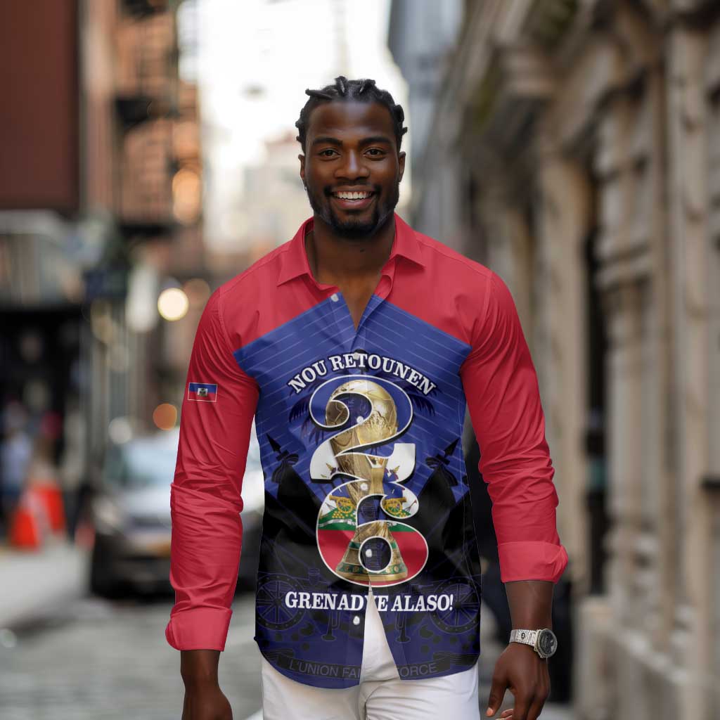 Personalized Les Grenadiers Haiti Football Long Sleeve Button Shirt 2026 Nou Retounen Blue Version - African Pride