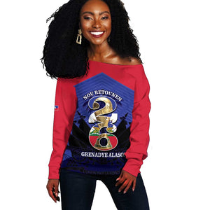 Personalized Les Grenadiers Haiti Football Off Shoulder Sweater 2026 Nou Retounen Blue Version - African Pride