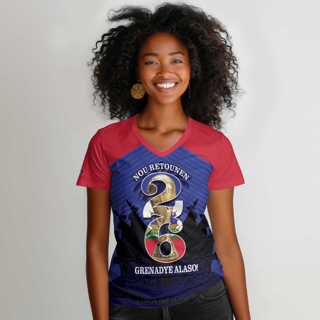 Personalized Les Grenadiers Haiti Football Women V-Neck T-Shirt 2026 Nou Retounen Blue Version - African Pride