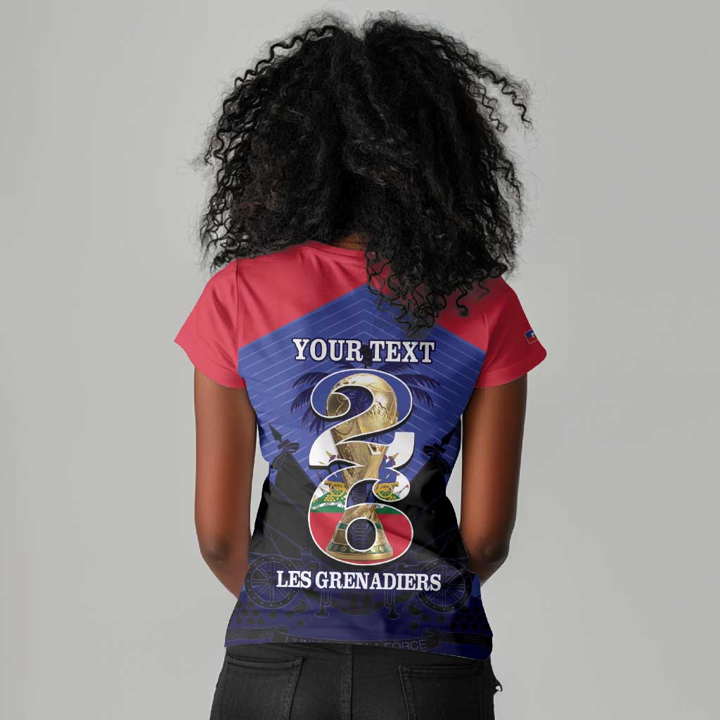Personalized Les Grenadiers Haiti Football Women V-Neck T-Shirt 2026 Nou Retounen Blue Version - African Pride