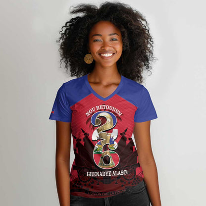 Personalized Les Grenadiers Haiti Football Women V-Neck T-Shirt 2026 Nou Retounen Red Version - African Pride