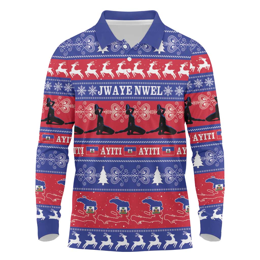 Afro Haiti Christmas Long Sleeve Polo Shirt Jwaye Nwel Ayiti Neg Marron Veve Vodou - African Pride