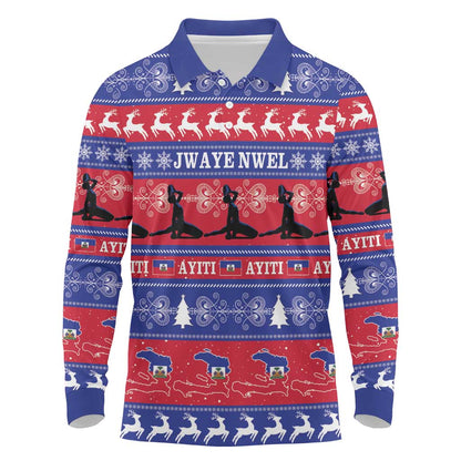 Afro Haiti Christmas Long Sleeve Polo Shirt Jwaye Nwel Ayiti Neg Marron Veve Vodou - African Pride