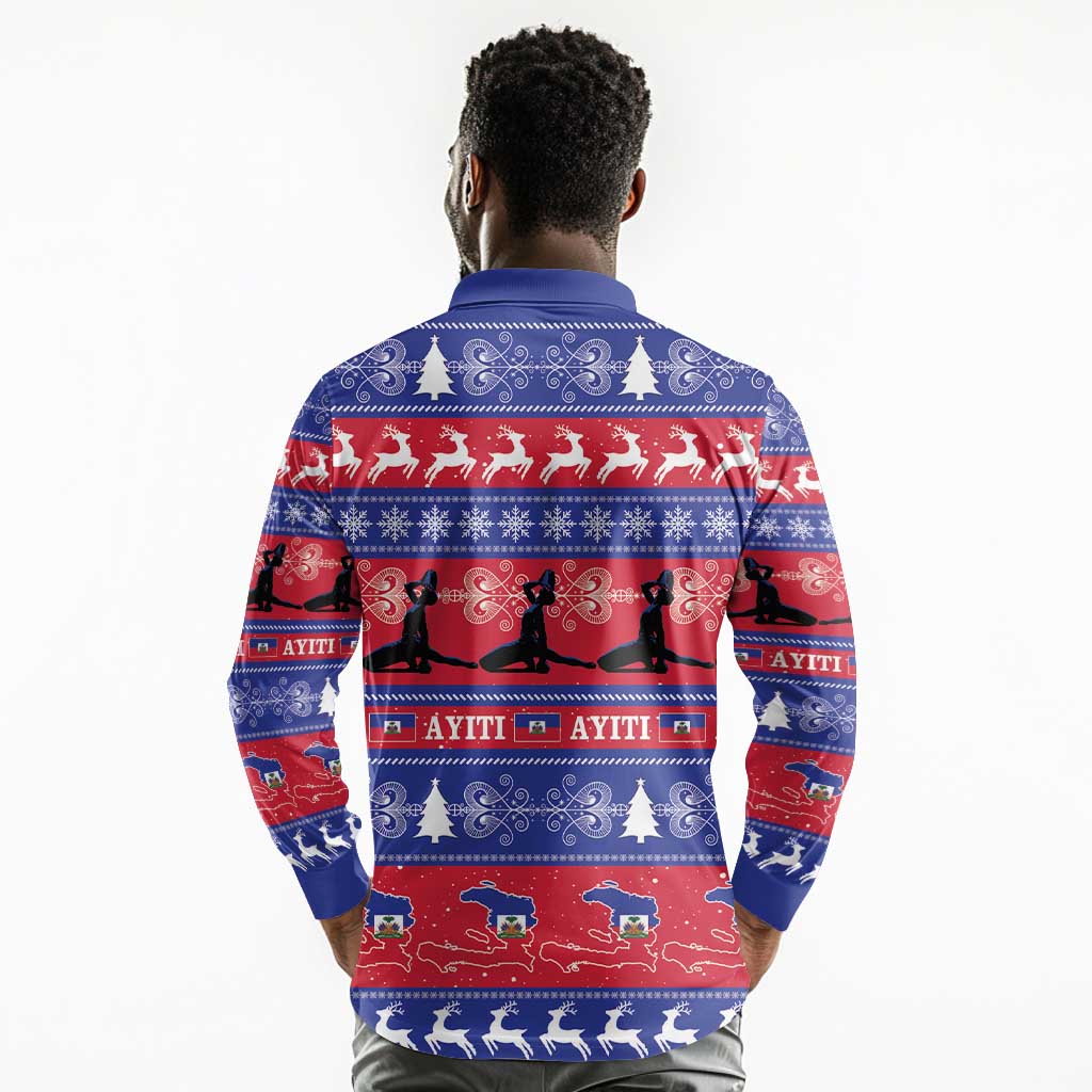 Afro Haiti Christmas Long Sleeve Polo Shirt Jwaye Nwel Ayiti Neg Marron Veve Vodou - African Pride