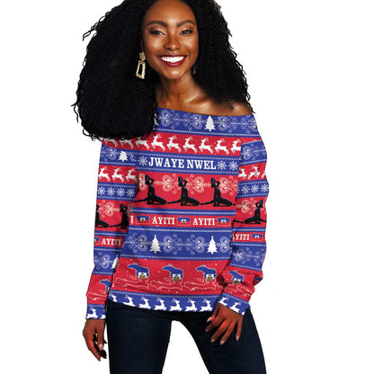 Afro Haiti Christmas Off Shoulder Sweater Jwaye Nwel Ayiti Neg Marron Veve Vodou - African Pride
