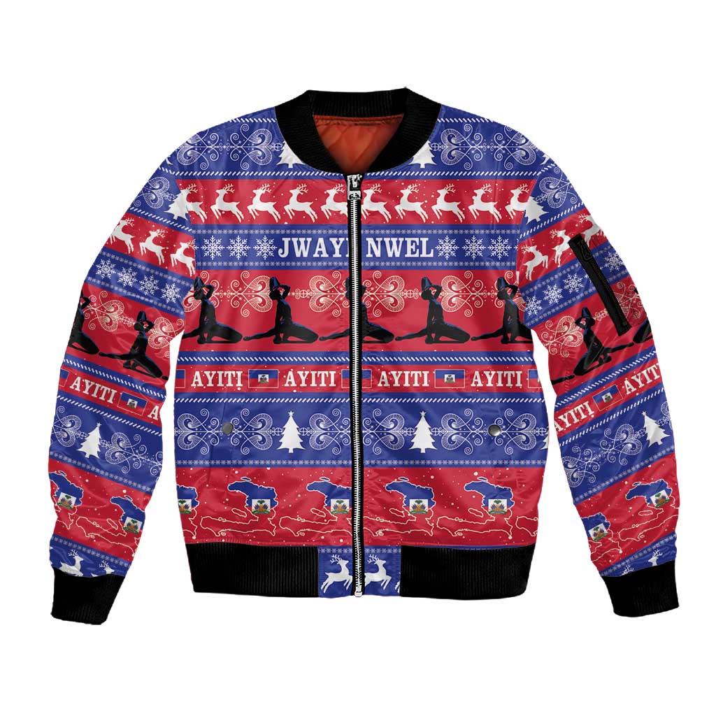 Afro Haiti Christmas Sleeve Zip Bomber Jacket Jwaye Nwel Ayiti Neg Marron Veve Vodou - African Pride