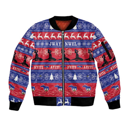 Afro Haiti Christmas Sleeve Zip Bomber Jacket Jwaye Nwel Ayiti Neg Marron Veve Vodou - African Pride