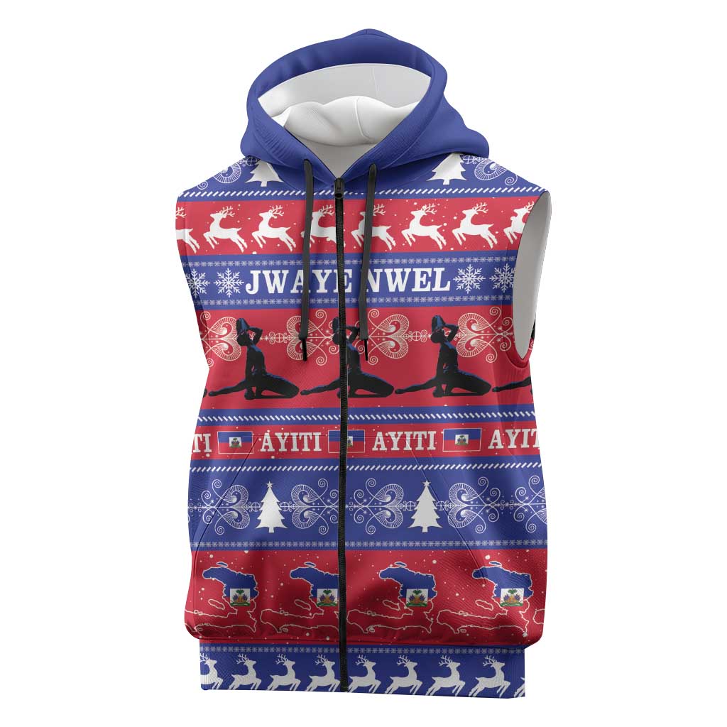 Afro Haiti Christmas Sleeveless Zip Hoodie Jwaye Nwel Ayiti Neg Marron Veve Vodou - African Pride