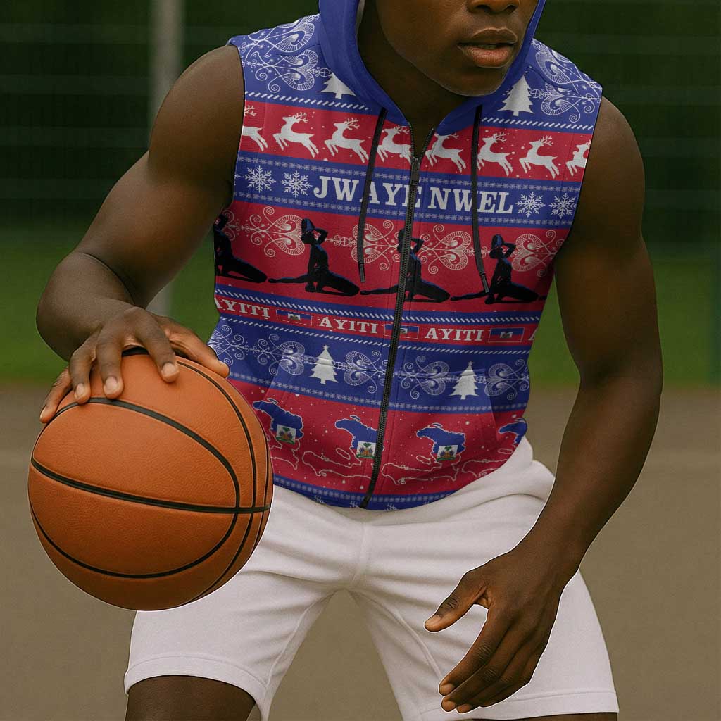 Afro Haiti Christmas Sleeveless Zip Hoodie Jwaye Nwel Ayiti Neg Marron Veve Vodou - African Pride