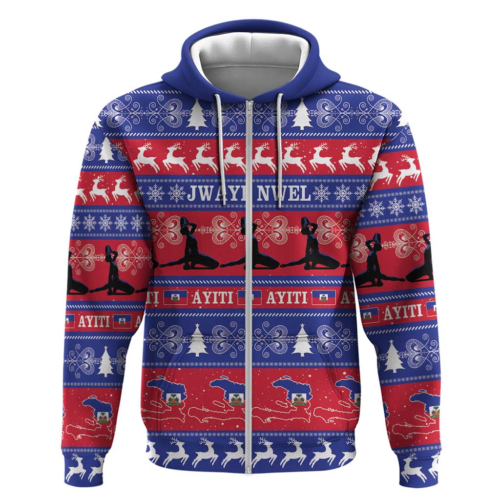 Afro Haiti Christmas Zip Hoodie Jwaye Nwel Ayiti Neg Marron Veve Vodou - African Pride