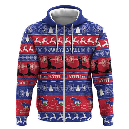 Afro Haiti Christmas Zip Hoodie Jwaye Nwel Ayiti Neg Marron Veve Vodou - African Pride