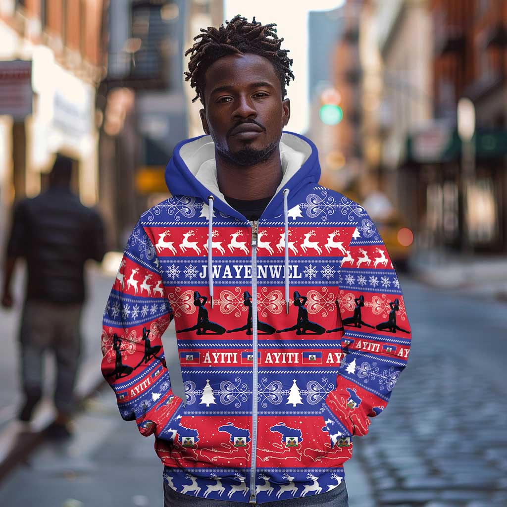 Afro Haiti Christmas Zip Hoodie Jwaye Nwel Ayiti Neg Marron Veve Vodou - African Pride