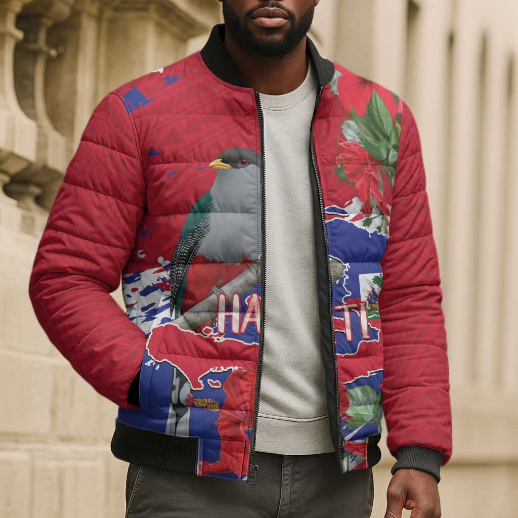 Haiti Independence Day Bomber Puffer Jacket 1804 Proud Ayiti Map Hispaniolan Trogon