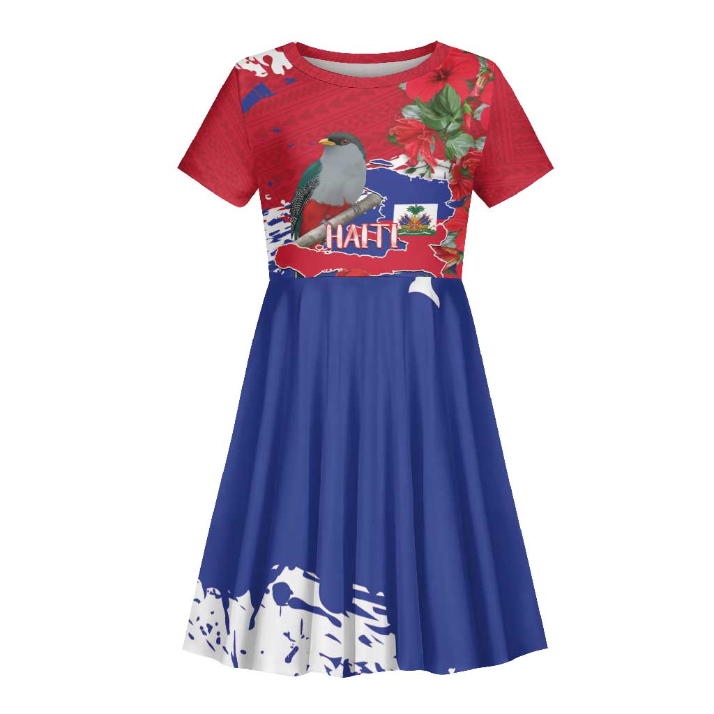 Afro Haiti Independence Day Kid Short Sleeve Dress 1804 Proud Ayiti Map Hispaniolan Trogon - African Pride