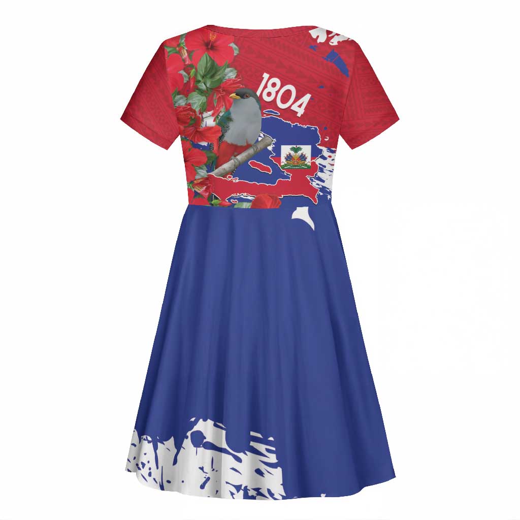 Afro Haiti Independence Day Kid Short Sleeve Dress 1804 Proud Ayiti Map Hispaniolan Trogon - African Pride