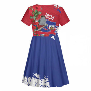 Afro Haiti Independence Day Kid Short Sleeve Dress 1804 Proud Ayiti Map Hispaniolan Trogon - African Pride
