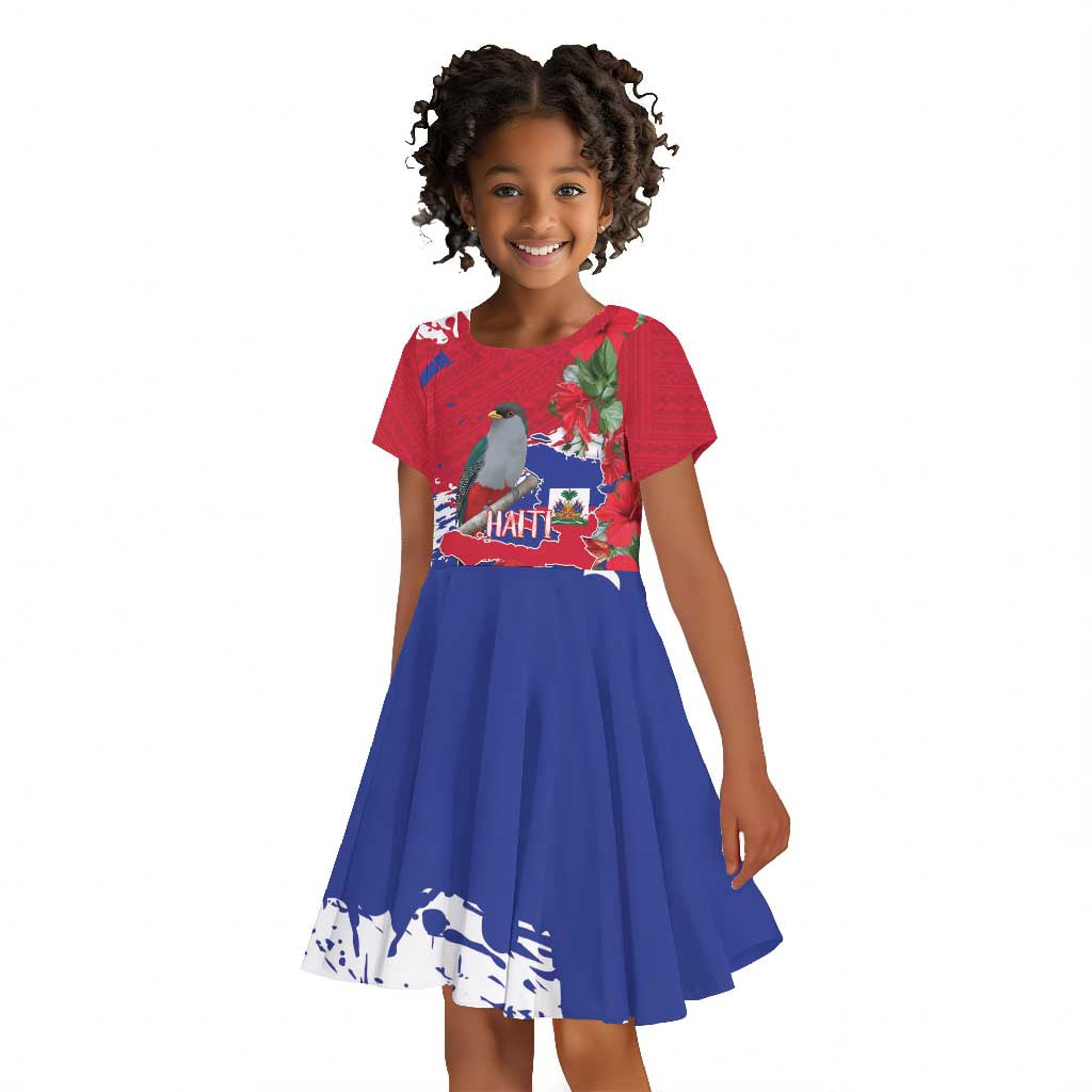 Afro Haiti Independence Day Kid Short Sleeve Dress 1804 Proud Ayiti Map Hispaniolan Trogon - African Pride
