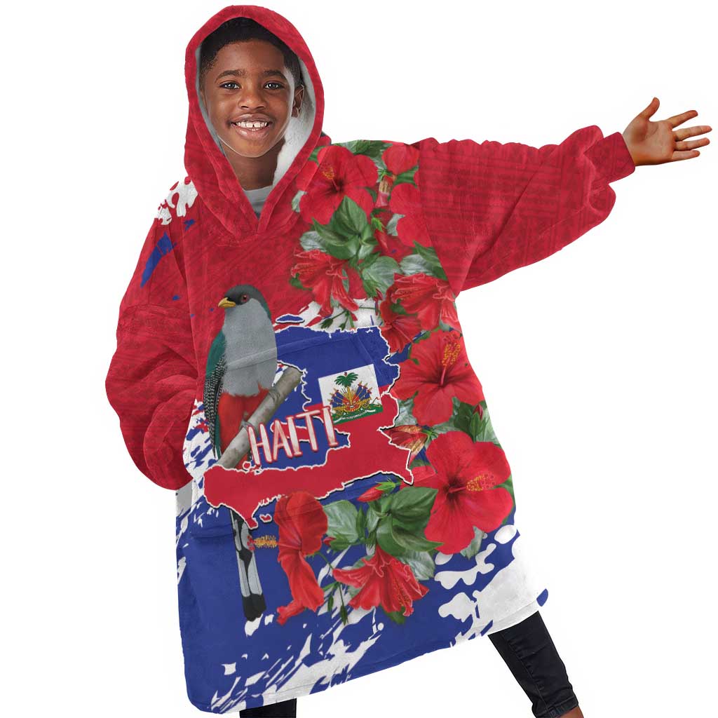 Afro Haiti Independence Day Kid Wearable Blanket Hoodie 1804 Proud Ayiti Map Hispaniolan Trogon - African Pride