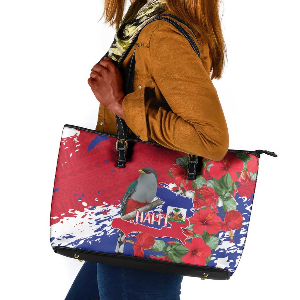 Afro Haiti Independence Day Leather Tote Bag 1804 Proud Ayiti Map Hispaniolan Trogon - African Pride