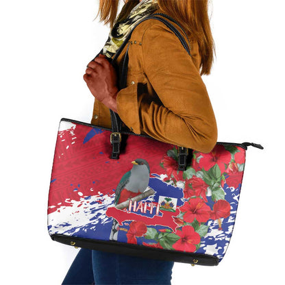 Afro Haiti Independence Day Leather Tote Bag 1804 Proud Ayiti Map Hispaniolan Trogon - African Pride