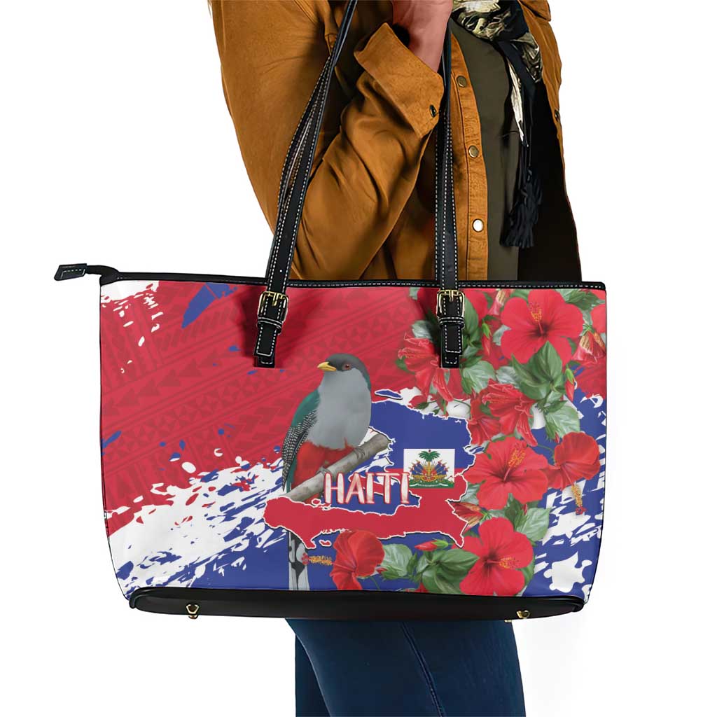 Afro Haiti Independence Day Leather Tote Bag 1804 Proud Ayiti Map Hispaniolan Trogon - African Pride