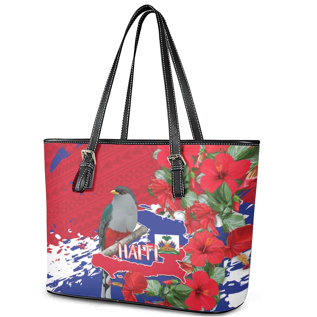 Afro Haiti Independence Day Leather Tote Bag 1804 Proud Ayiti Map Hispaniolan Trogon - African Pride