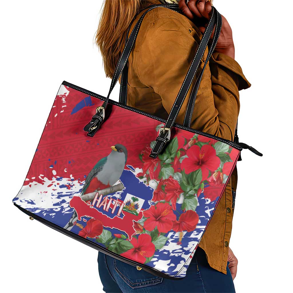 Afro Haiti Independence Day Leather Tote Bag 1804 Proud Ayiti Map Hispaniolan Trogon - African Pride