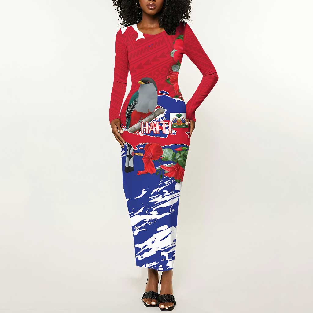 Afro Haiti Independence Day Long Sleeve Bodycon Dress 1804 Proud Ayiti Map Hispaniolan Trogon - African Pride