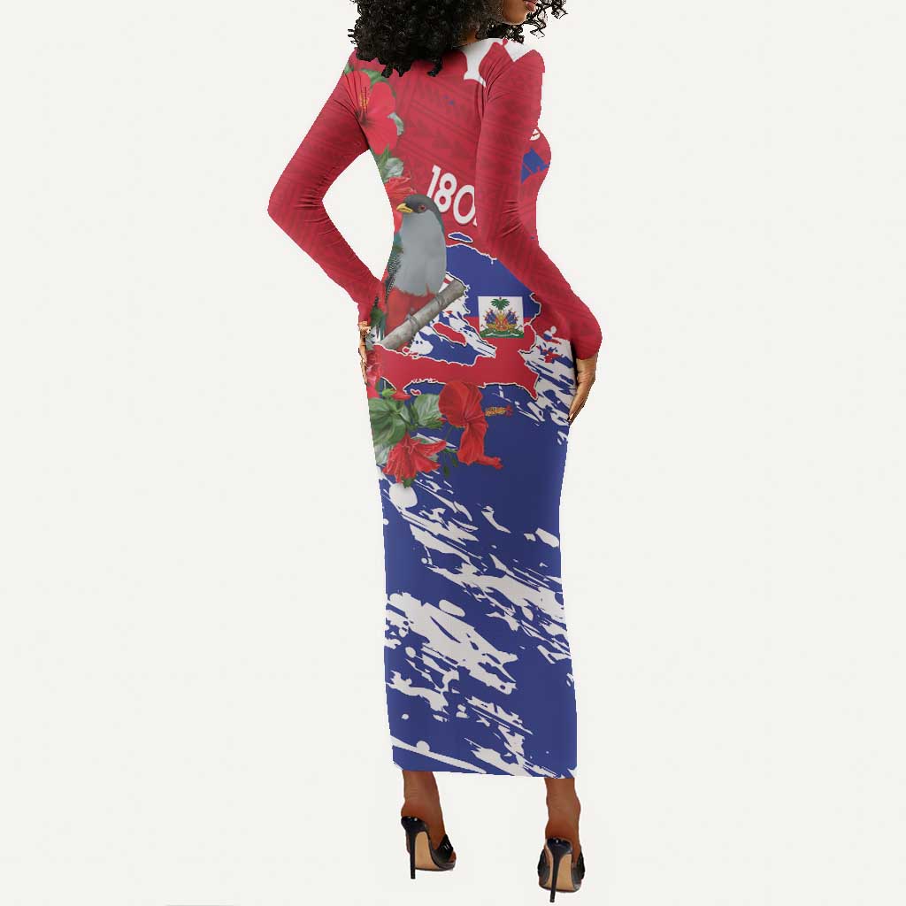 Afro Haiti Independence Day Long Sleeve Bodycon Dress 1804 Proud Ayiti Map Hispaniolan Trogon - African Pride