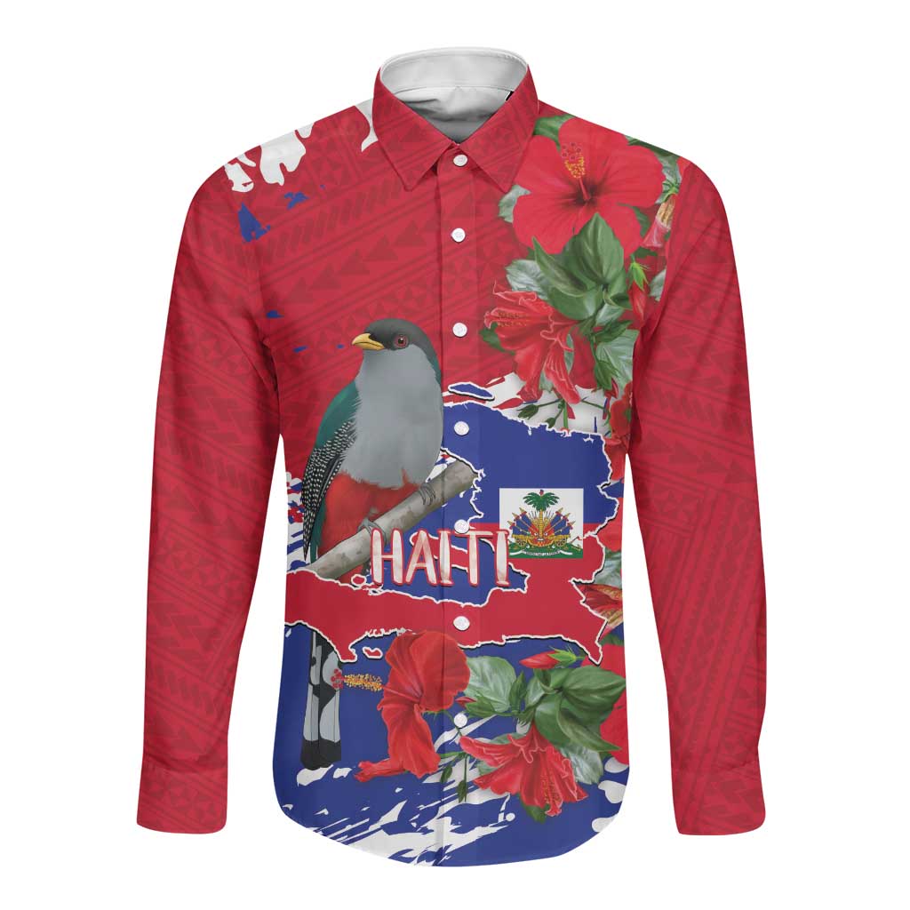 Afro Haiti Independence Day Long Sleeve Button Shirt 1804 Proud Ayiti Map Hispaniolan Trogon - African Pride