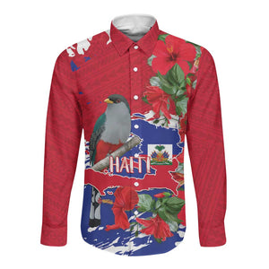 Afro Haiti Independence Day Long Sleeve Button Shirt 1804 Proud Ayiti Map Hispaniolan Trogon - African Pride