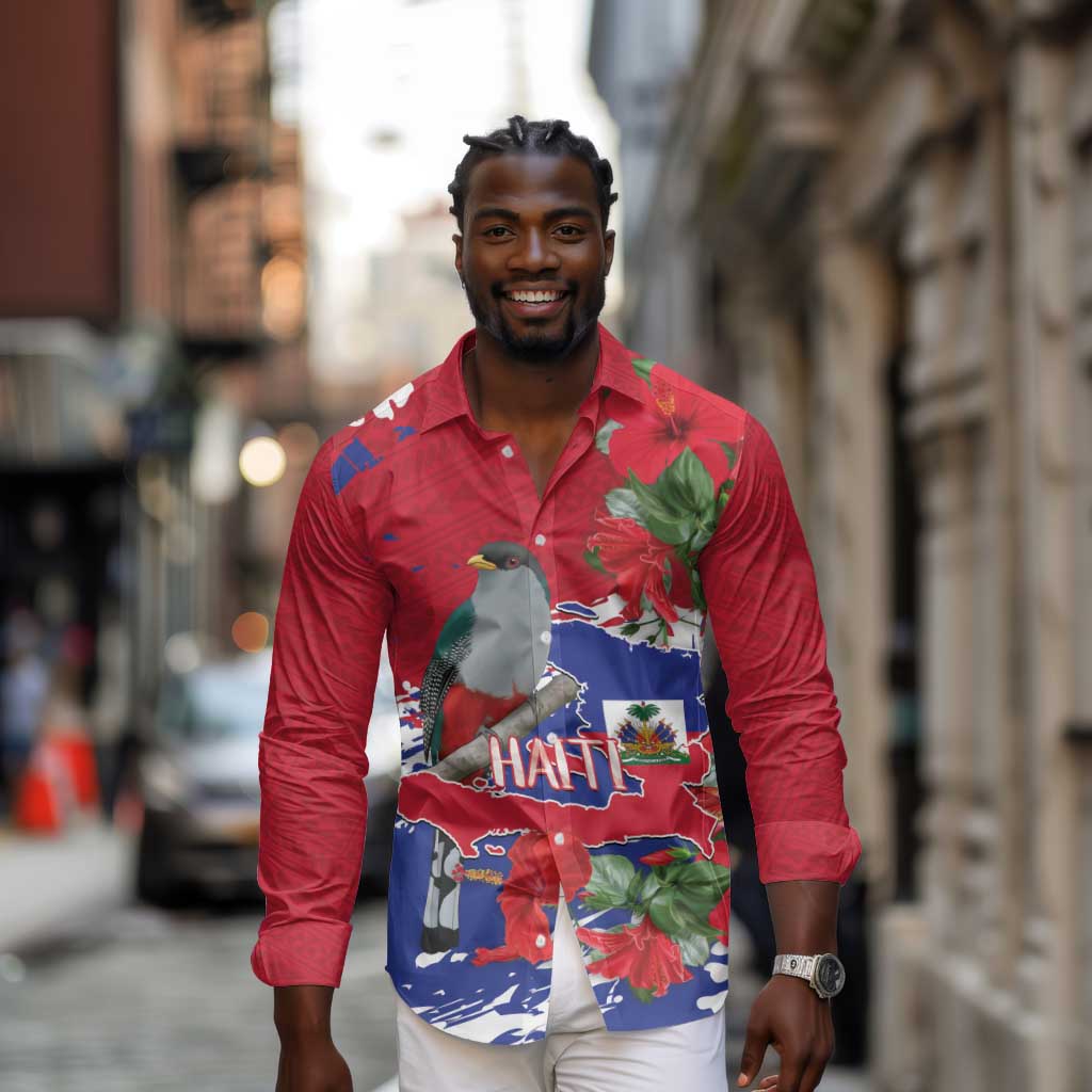 Afro Haiti Independence Day Long Sleeve Button Shirt 1804 Proud Ayiti Map Hispaniolan Trogon - African Pride
