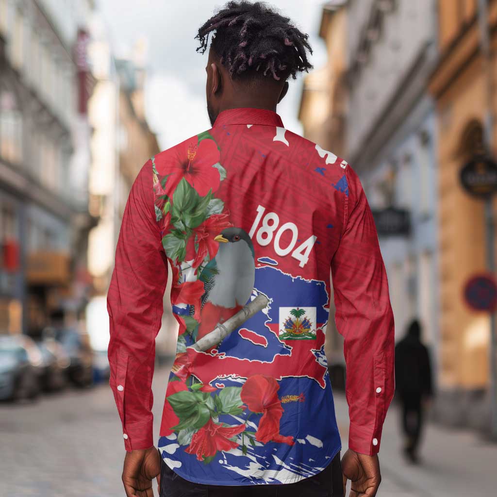 Afro Haiti Independence Day Long Sleeve Button Shirt 1804 Proud Ayiti Map Hispaniolan Trogon - African Pride