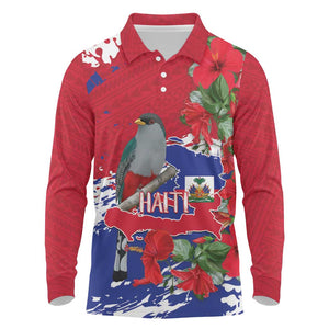 Afro Haiti Independence Day Long Sleeve Polo Shirt 1804 Proud Ayiti Map Hispaniolan Trogon - African Pride
