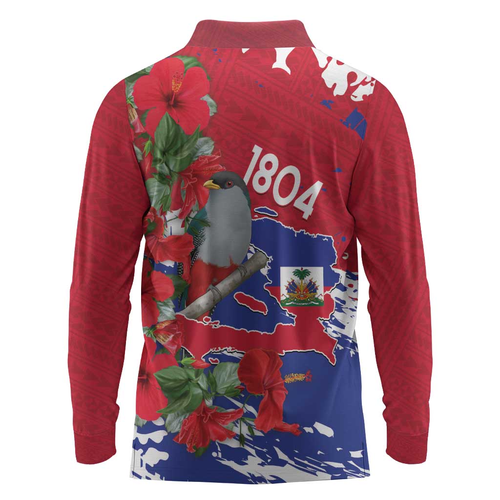 Afro Haiti Independence Day Long Sleeve Polo Shirt 1804 Proud Ayiti Map Hispaniolan Trogon - African Pride