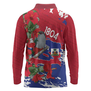 Afro Haiti Independence Day Long Sleeve Polo Shirt 1804 Proud Ayiti Map Hispaniolan Trogon - African Pride