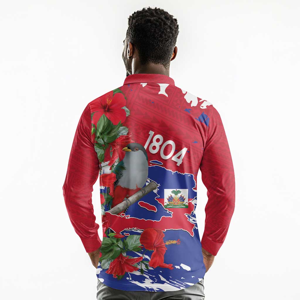 Afro Haiti Independence Day Long Sleeve Polo Shirt 1804 Proud Ayiti Map Hispaniolan Trogon - African Pride