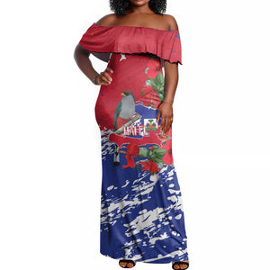 Afro Haiti Independence Day Off Shoulder Maxi Dress 1804 Proud Ayiti Map Hispaniolan Trogon - African Pride