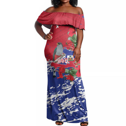 Afro Haiti Independence Day Off Shoulder Maxi Dress 1804 Proud Ayiti Map Hispaniolan Trogon - African Pride