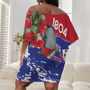 Afro Haiti Independence Day Off Shoulder Short Dress 1804 Proud Ayiti Map Hispaniolan Trogon - African Pride