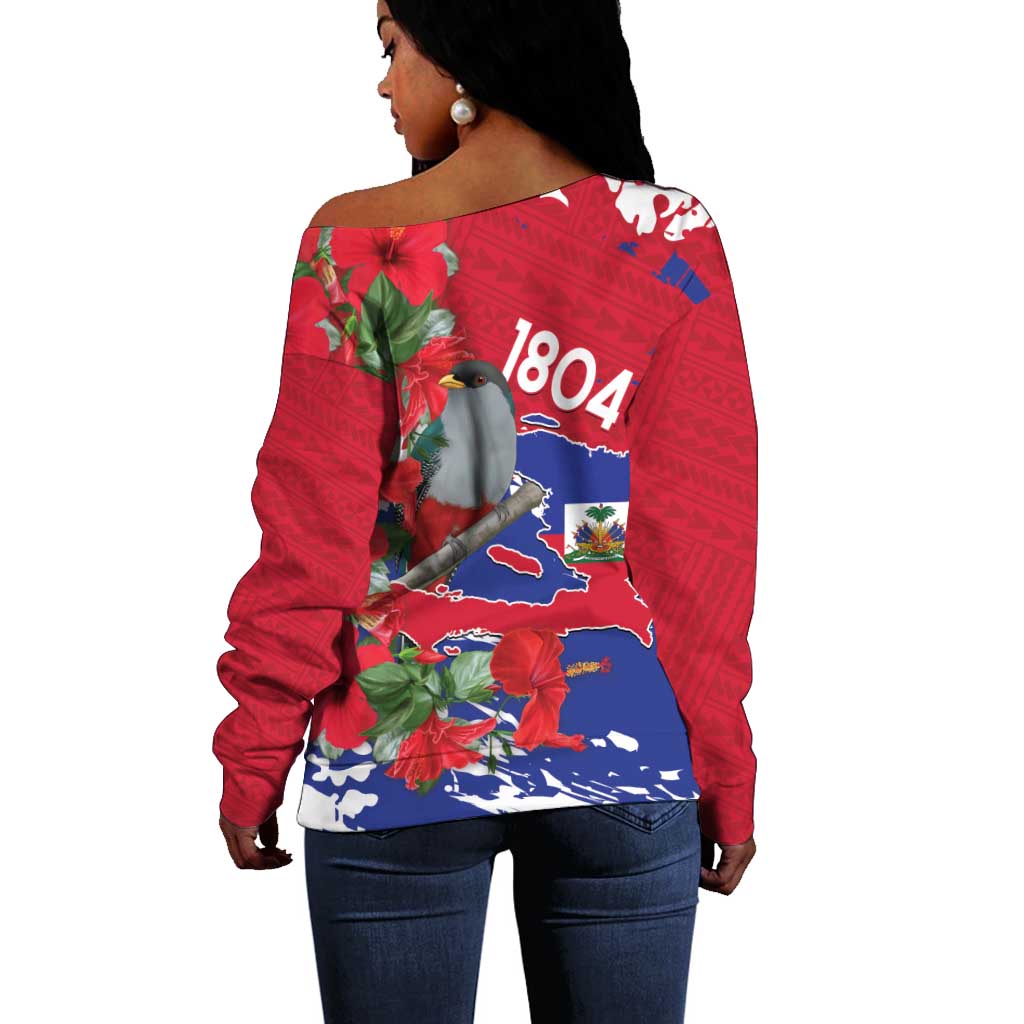 Afro Haiti Independence Day Off Shoulder Sweater 1804 Proud Ayiti Map Hispaniolan Trogon - African Pride